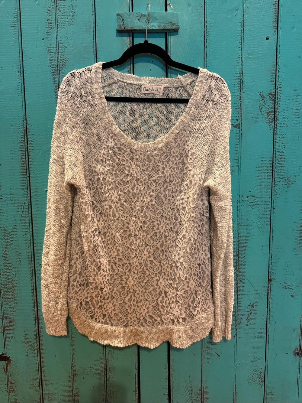 Cloud Chaser Lace-Front Scoop Neck Sweater in Light Beige